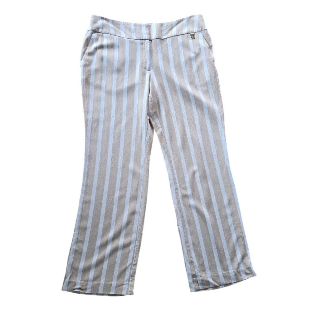 Anne‎ Klein Beige Striped Dress Pants Gold Logo Women 10 Coastal Preppy Office
